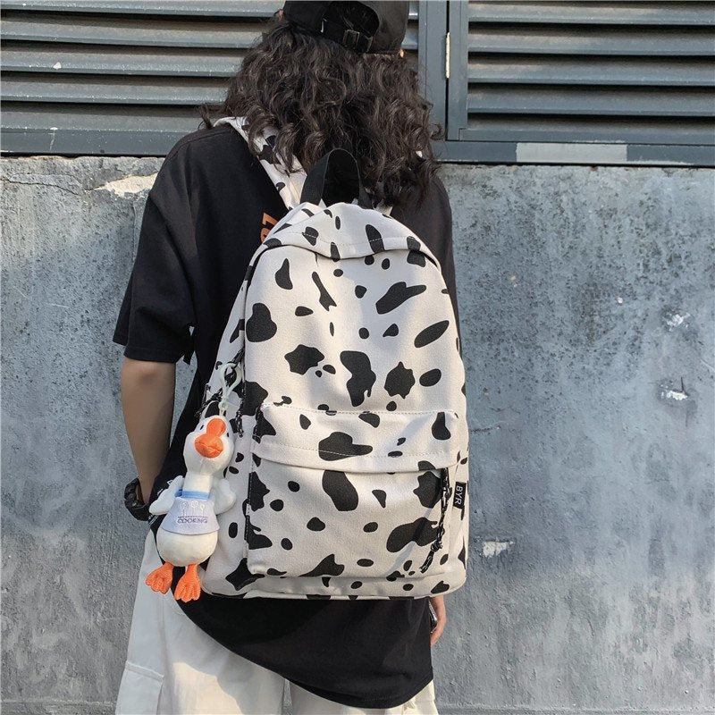 Cow Print Canvas Backpack w Plushie