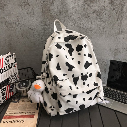 Cow Print Canvas Backpack w Plushie