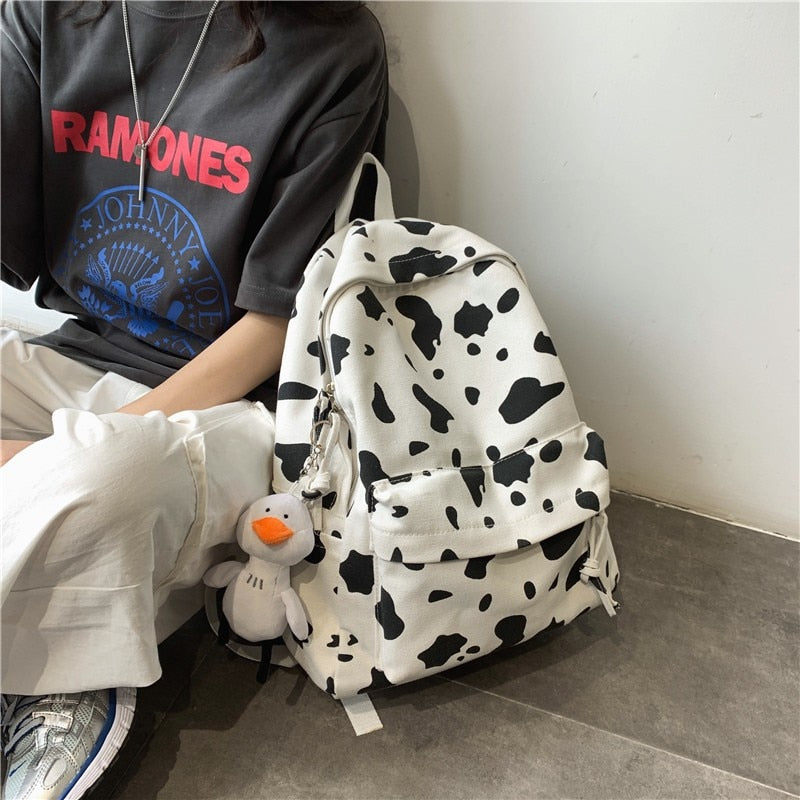 Cow Print Canvas Backpack w Plushie