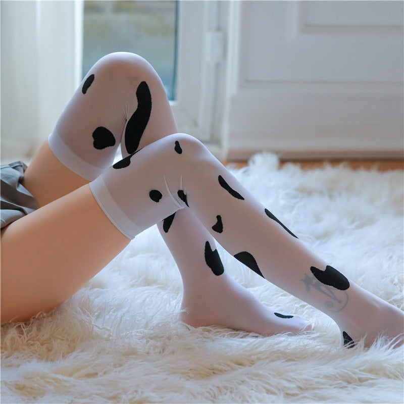 Cow Print Thigh High Stockings