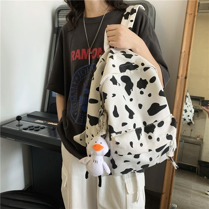 Cow Print Canvas Backpack w Plushie