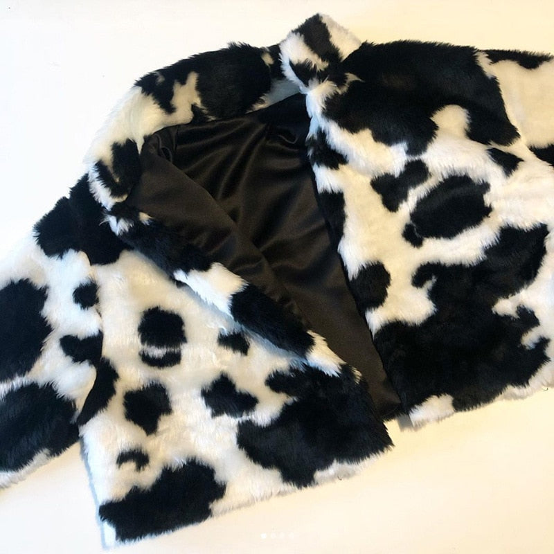 Cow Print Faux Fur Jacket