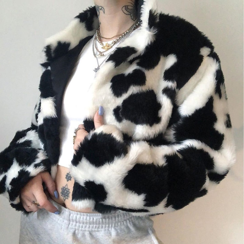 Cow Print Faux Fur Jacket