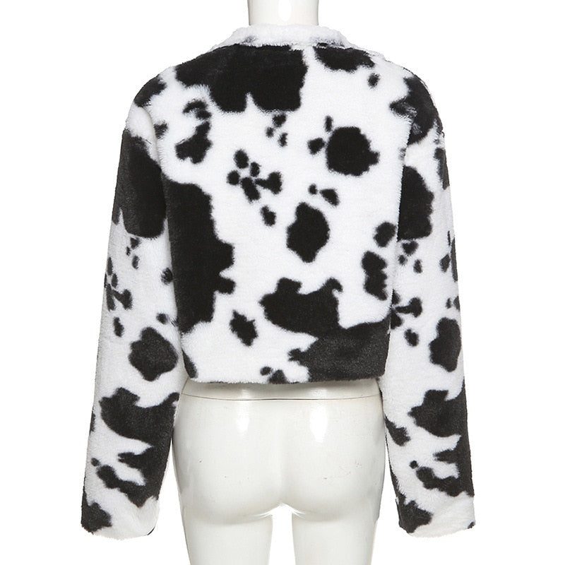 Cow Print Faux Fur Jacket