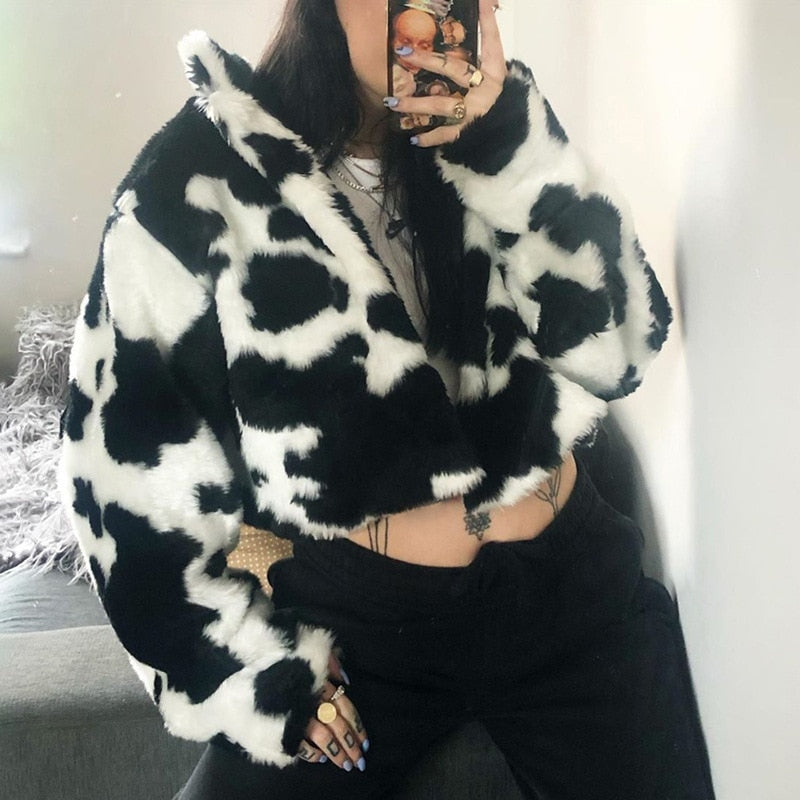 Cow Print Faux Fur Jacket