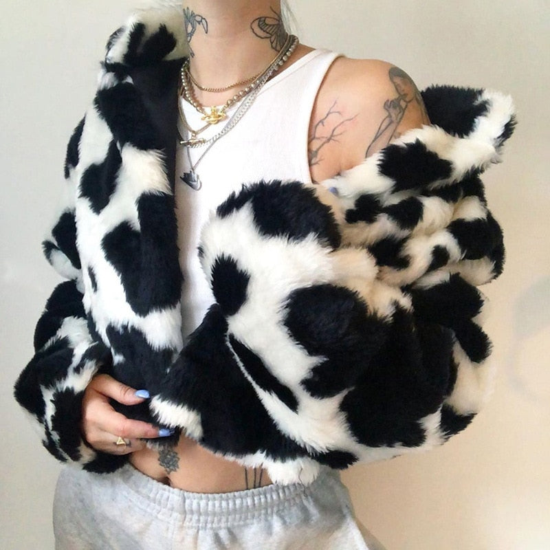 Cow Print Faux Fur Jacket