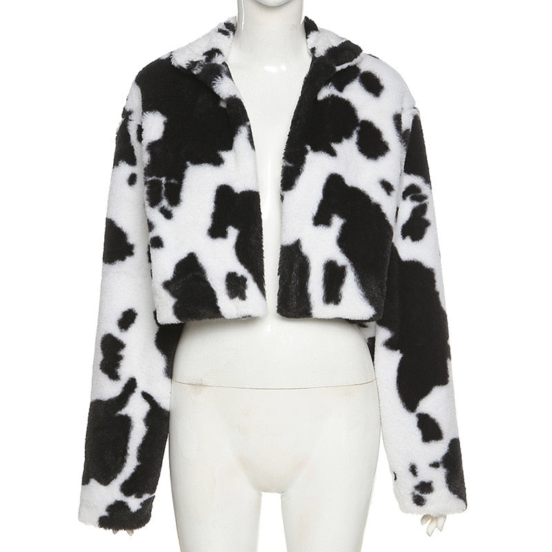 Cow Print Faux Fur Jacket